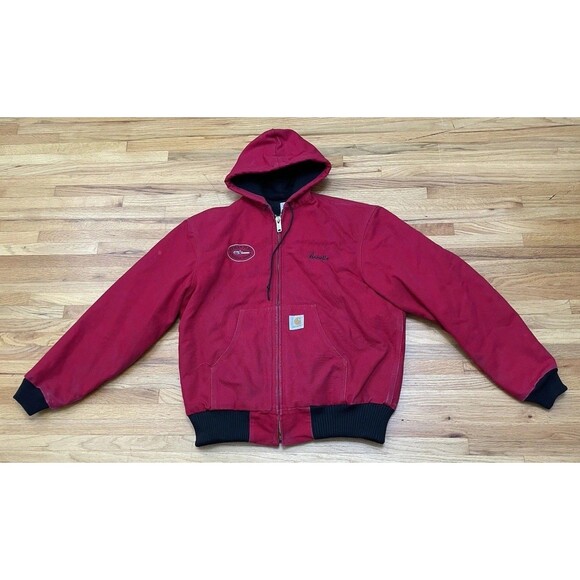Vintage 90s Carhartt Hooded Work Jacket Red JR100 Full Zip Men's L USA Made Rare - Picture 1 of 10